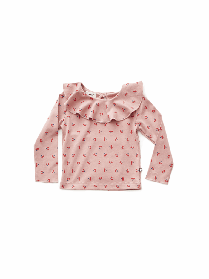 RUFFLE COLLAR TEE DARK PINK CHERRIES - Image 1