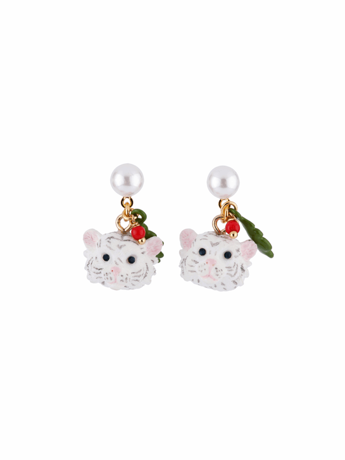LITTLE WHITE TIGER AND LEAF EARRINGS - Image 1
