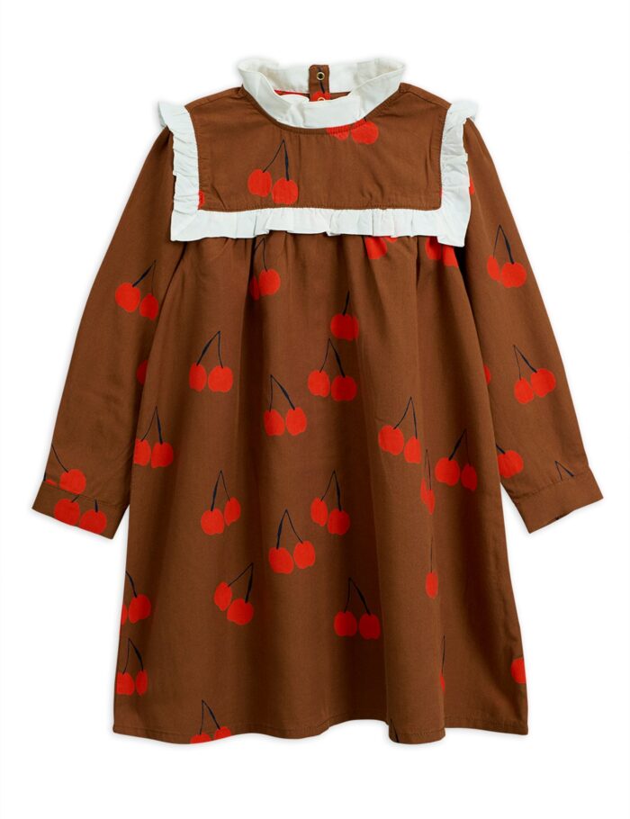 CHERRY WOVEN FRILL DRESS BROWN - Image 1